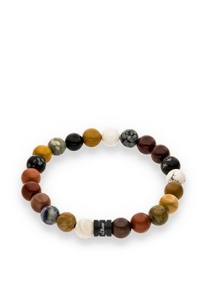 Beaded bracelet featuring various colored stones in a circular shape, including brown, white, black, and earthy tones. Black hardware detail visible.