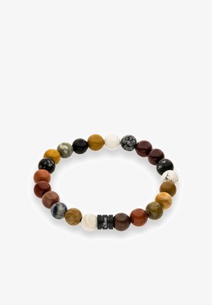 Kralenarmband met verschillende gekleurde stenen in een cirkelvorm, waaronder bruin, wit, zwart en aardetinten. Zwarte hardware details zichtbaar.
