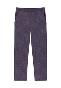 Lila gemusterte Hose aus weichem Stoff, mit einer subtilen wellenförmigen Textur, elastischem Bund und seitlichen Taschen für Funktionalität.