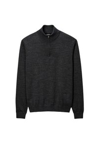 Pull-over zippé court de couleur gris foncé, fabriqué en tissu texturé, avec un col haut et des poignets et un ourlet côtelés. Design simple et épuré.