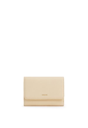 Portafoglio in pelle beige con chiusura a patta e logo dorato "MIRIADE" al centro sul davanti.