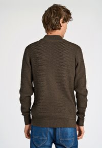 Maglione lavorato a maglia marrone con un motivo a diamante, colletto e polsini a costine, abbinato a jeans blu. Vista dal retro.