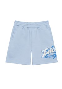 Světlé modré teplákové šortky ke kolenům s elastickým pasem, dvěma bočními kapsami a modrou grafickou potiskem na přední straně.