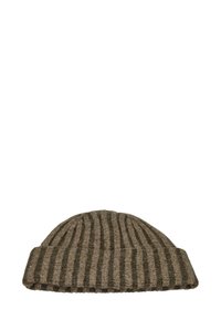 Knit beanie hat in olive green and brown stripes. Made of soft yarn with a folded cuff design for a snug fit. Textured ribbed pattern.