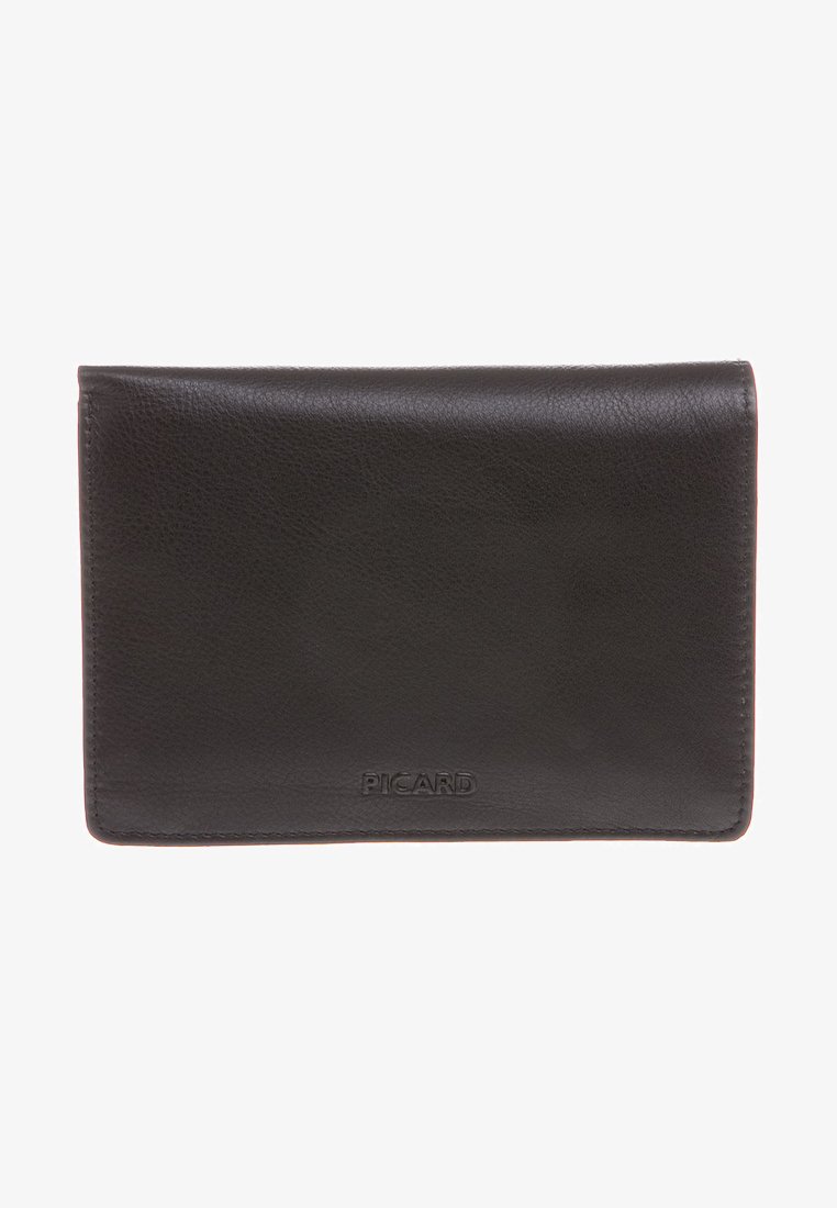 Black leather wallet with a smooth texture, slim rectangular shape, and embossed logo on the front. Minimalist design, no visible hardware.