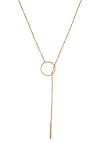 Collier en ton doré avec un pendentif circulaire, une chaîne pendante et un accent en barre rectangulaire. Design minimaliste avec une finition délicate.