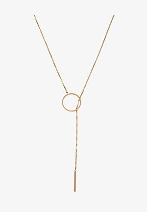 Gouden ketting met een ronde hanger, een hangende ketting en een rechthoekige staafaccent. Minimalistisch ontwerp met een delicate afwerking.