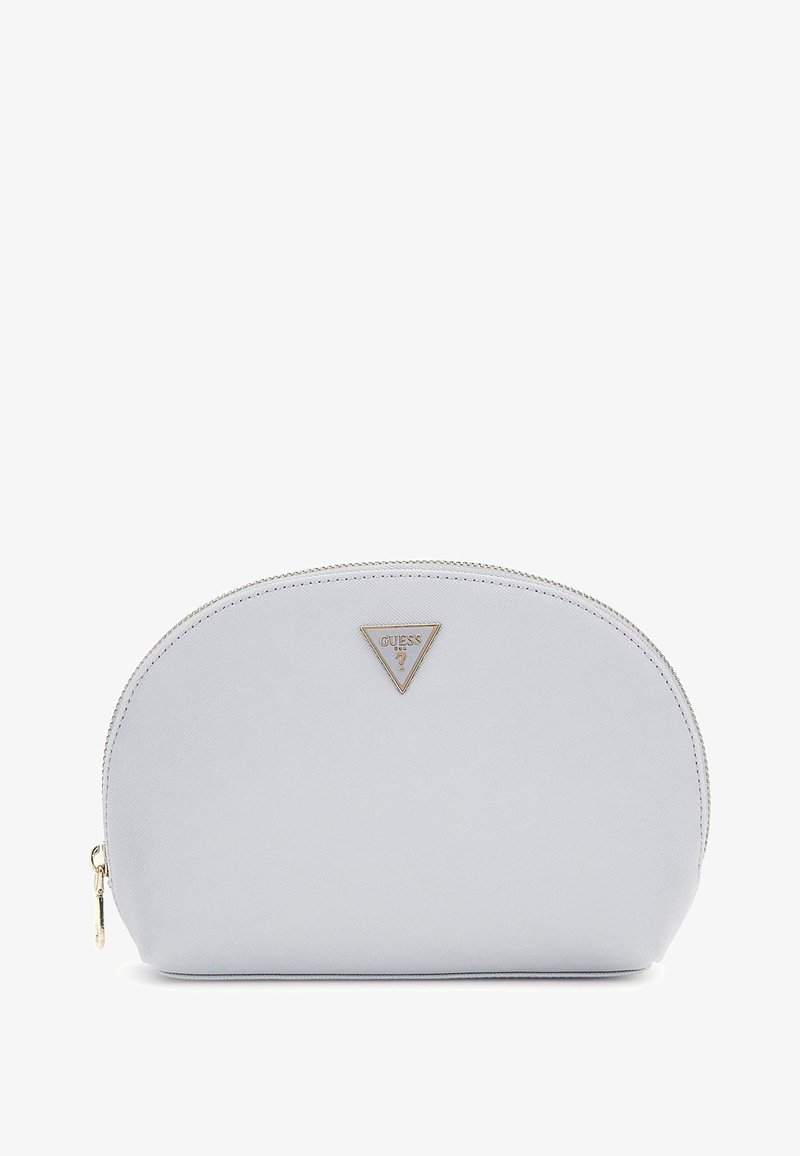 Világosszürke, cipzáros, lekerekített kozmetikai táska, elöl arany háromszög logóval, tartós anyagból készült.