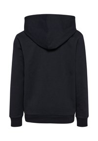 Schwarzer Hoodie mit Kordelzugkapuze, langen Ärmeln und gerippten Bündchen. Glattes Baumwollmaterial mit einem schlichten, ungeschmückten Design. Nur Rückansicht.
