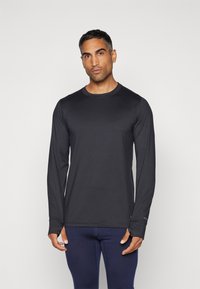 Long-sleeve black athletic shirt with a round neck, made of smooth, lightweight fabric; features thumbholes at the cuffs and a fitted design.