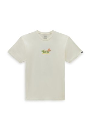 Kremowa bawełniana koszulka z okrągłym dekoltem. Zawiera kolorowe logo "Vans" oraz tekst "Off The Wall" w pomarańczowym i zielonym kolorze. Krótkie rękawy.