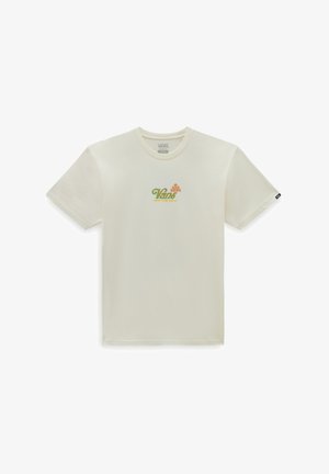 Kremowa bawełniana koszulka z okrągłym dekoltem. Zawiera kolorowe logo "Vans" oraz tekst "Off The Wall" w pomarańczowym i zielonym kolorze. Krótkie rękawy.