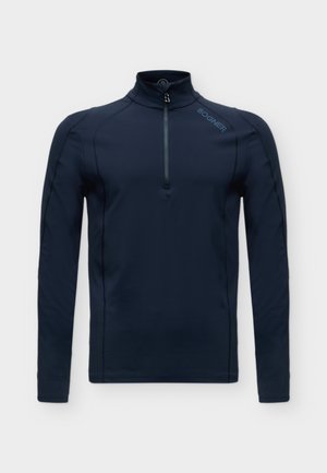Jersey azul marino de manga larga de Bogner, con cuello alto y una cremallera corta en la parte delantera, sobre un fondo blanco.