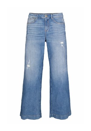 Weite Jeans aus hellblauem Denim mit ausgebleichten Bereichen und distressed Details. Klassisches Fünf-Taschen-Design mit Knopfverschluss.