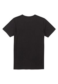 Black cotton t-shirt, short sleeves, crew neck, relaxed fit, smooth texture, with no patterns or embellishments on the back.