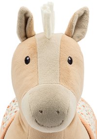 Plush toy horse with a soft, beige and cream color scheme, featuring embroidered eyes, raised mane, and a floral-patterned blanket.
