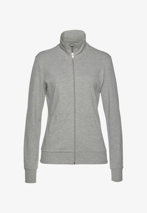 Gray zip-up jacket made of soft, stretchy fabric with a high collar, two side pockets, and fitted cuffs. Smooth texture and simple design.