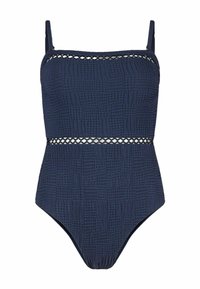 Costume intero blu navy con tessuto testurizzato, spalline regolabili e una fascia a taglio laser in vita. Finitura liscia complessiva.