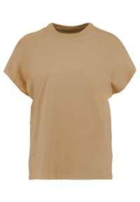 Camiseta de algodón de manga corta y corte holgado en color beige, con un cuello redondo y textura suave, que presenta un diseño clásico y minimalista.