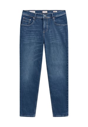 Blaue Jeans aus Denim mit geradem Schnitt, fünf Taschen, dezentem Verblassen und Steppnahtdetails. Metallknopfverschluss und Gürtelschlaufen sind vorhanden.