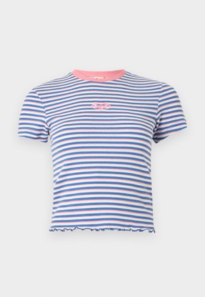 Short-sleeve ribbed knit top with horizontal blue, white, and pink stripes, pink collar, small pink logo on chest, and scalloped hem.