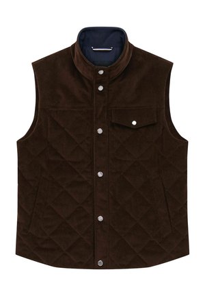 Braune Cordweste mit hohem Kragen, Steppung im Rautenmuster, Druckknöpfen und einer Brusttasche. Innen mit marineblauem Stoff gefüttert.