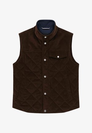 Gilet in velluto a coste marrone con collo alto, cuciture a rombi, bottoni a pressione e tasca sul petto. Interno foderato con tessuto blu navy.