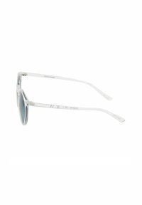 Gafas de sol de plástico transparente con lentes redondos, que cuentan con un marco fino y patillas delgadas. Los lentes tienen un tinte azul reflectante. Nombre de la marca visible en las patillas.