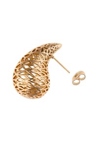 Cercei abstracti cu ton de aur, având un design în plasă, cu o formă curbată, de tip picătură. Include o spate circulară mică.