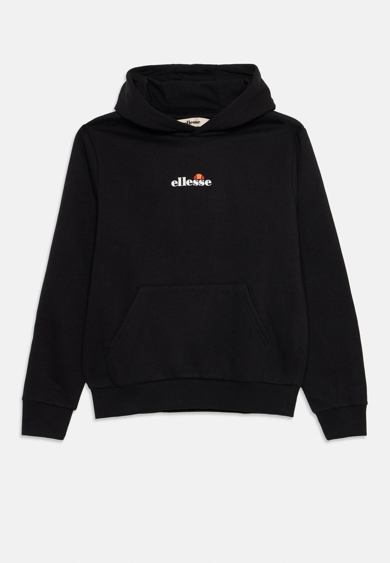 Sweatshirt preto com um bolso frontal tipo pouch, capuz e um logo "ellesse" branco com detalhes em vermelho e laranja no peito. Material de mistura de algodão.