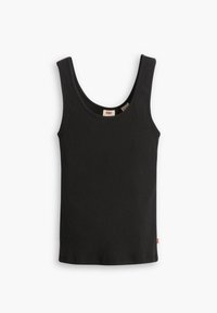 Débardeur noir sans manches avec un col rond, fabriqué en coton côtelé. Présente une petite étiquette tissée en bas à gauche.