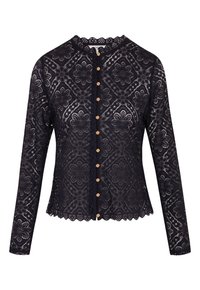 Blusa in pizzo blu navy con maniche lunghe, scollatura rotonda, orlo scallop, motivo floreale e bottoni in tono dorato lungo la parte anteriore.