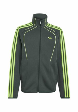 Veste zippée gris foncé avec col haut, bandes vert néon sur les manches, lignes courbées assorties sur la poitrine et petit logo trèfle sur le côté gauche.