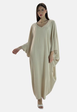 Beige Maxikleid mit V-Ausschnitt, weiten Fledermausärmeln und fließender Silhouette, aus leichtem, strukturiertem Stoff gefertigt.
