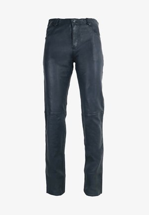 Sorte læderbukser med slim fit, der har en knaplukning, bæltestropper og diskrete sømme langs benene for ekstra struktur.