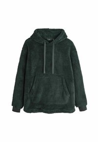 Ciemnozielona, puszysta bluza z kapturem, posiadająca kieszeń typu kangur, regulowany ściągacz w kapturze oraz kontrastowe czarne mankiety. Miękka faktura i luźny krój.