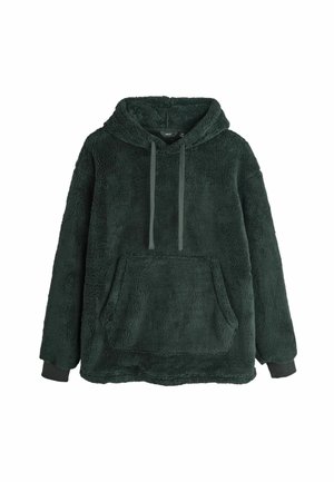 Dunkelgrüner, flauschiger Kapuzenpullover mit Kängurutasche, verstellbarem Kordelzug und kontrastierenden schwarzen Bündchen. Weiches Material und lockerer Schnitt.
