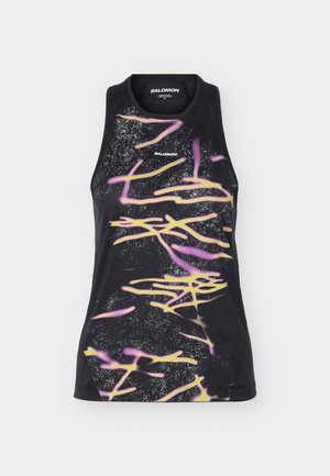 Svart, ermeløs Salomon treningsgenser med abstrakte rosa og gule graffitilignende striper og hvite flekkede detaljer på forsiden.