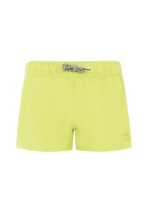 Heldengroene zwembroek met een elastische tailleband en een zwart-wit gestreepte trekband. Heeft een klein logo rechts onderaan.