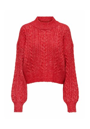 Czerwony sweter z dzianiny w warkocze, z wysokim kołnierzem, skróconym krojem, długimi bufkami, teksturowanym wzorem, z prążkowanymi mankietami i dołem.
