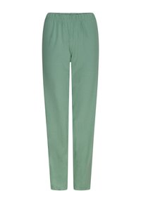 Pantalones de lounge ligeros y verdes con cinturilla elástica, piernas rectas y una suave tela de mezcla de algodón. Sin patrones ni acentos visibles.