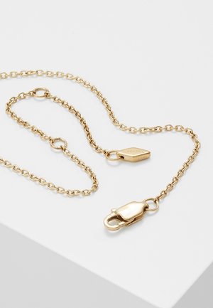 Goudkleurige ketting met karabijnsluiting en een klein label gegraveerd met "Fossil Steel" op een witte ondergrond.