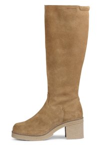 Tall brown suede boot with a round toe, textured surface, and a medium block heel. Features minimal stitching and no embellishments.