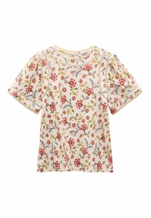 Floral short-sleeve shirt in cream with red, blue, and green flower patterns. Soft cotton fabric with textured accents and trim details.