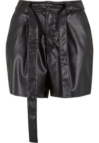 Zwarte leren shorts met hoge taille, brede riem, geplooide details en een gladde textuur met een ontspannen pasvorm.