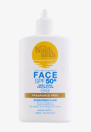 Bondi Sands SPF 50+ fragrance-free sunscreen fluid for face, very high UVA/UVB protection, with vitamin E, 72-hour hydration, suitable for sensitive skin.