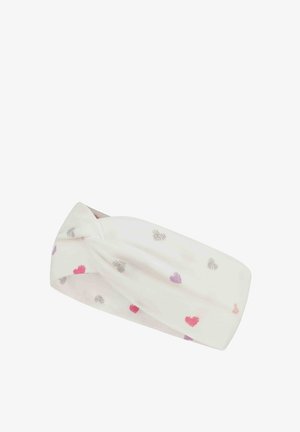 Weißes Stoff-Stirnband mit kleinen rosa, lila und silbernen Herzmustern und einem verdrehten Knoten-Design vorne.