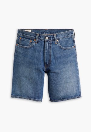 Shorts in denim blu medio. Presentano una vestibilità dritta, design a cinque tasche, chiusura con bottone e dettagli di cucitura arancione.