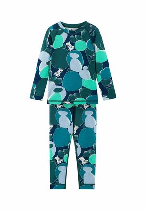 Zestaw dla dzieci z bluzką z długim rękawem i legginsami z niebieskimi, morskozielonymi i zielonymi abstrakcyjnymi zaokrąglonymi kształtami oraz małymi białymi postaciami kreskówkowymi.
