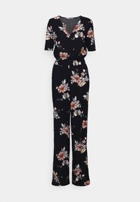 Czarny kombinezon w kwiaty z krótkimi rękawami, dekoltem w kształcie litery V, z przodu zapinany na guziki, elastyczną talią i szerokimi nogawkami.